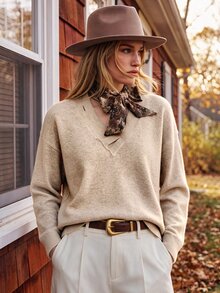 Anewsta Floral Pattern Drop Shoulder Sweater - Khaki - View 6