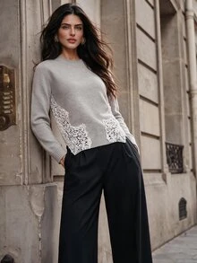 Anewsta Women's Fall Winter Grey Fitted Knit Sweater Side Lace Patchwork Round Neck Long Sleeve Slim Sexy Soft Minimalist Base Layer Top - Grey - View 5