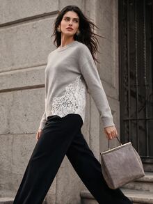 Anewsta Women's Fall Winter Grey Fitted Knit Sweater Side Lace Patchwork Round Neck Long Sleeve Slim Sexy Soft Minimalist Base Layer Top - Grey - View 3