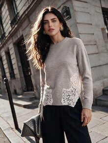 Anewsta Women's Fall Winter Grey Fitted Knit Sweater Side Lace Patchwork Round Neck Long Sleeve Slim Sexy Soft Minimalist Base Layer Top - Grey - View 4