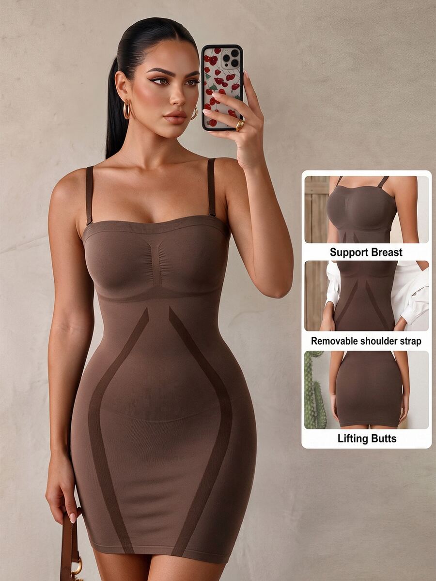 Sirith Women's Seamless Waist Cincher Shapewear Slip Dress - Coffee Brown - View 1