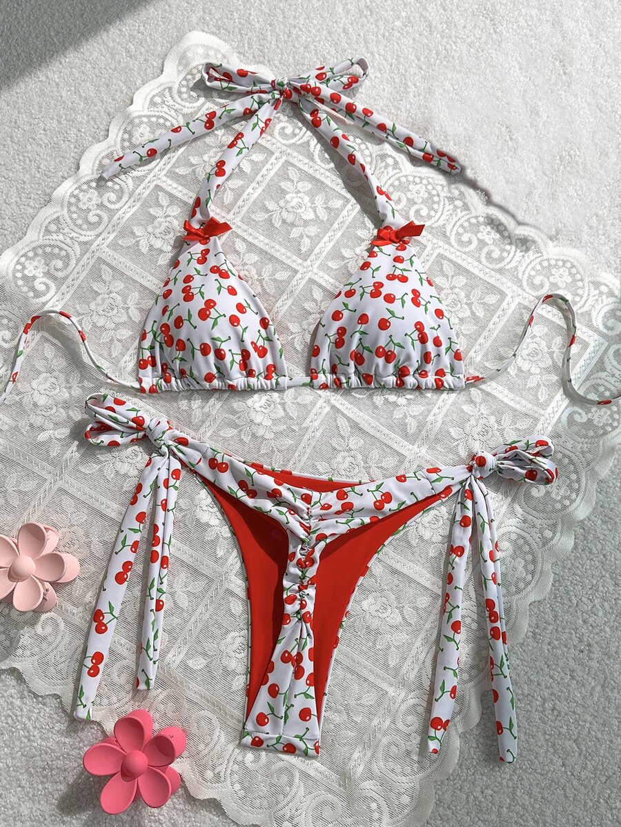 SHEIN Swim 2件組女款印花比基尼泳衣與沙灘裝,適合夏季海灘度假 - 紅色 - 查看 1