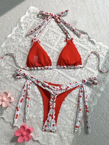 SHEIN Swim 2件組女款印花比基尼泳衣與沙灘裝，適合夏季海灘度假 - 紅色 - 查看 2