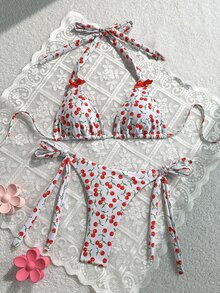 SHEIN Swim 2件組女款印花比基尼泳衣與沙灘裝，適合夏季海灘度假 - 紅色 - 查看 3