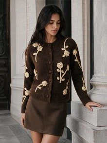 Anewsta Gold Thread Rose 3D Decor Elegant Comfortable Versatile Cardigan Sweater - Coffee Brown - View 4