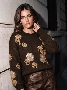Anewsta Women's Brown Rope Embroidery & Sequin Embellished Loose Comfortable Knit Top For Winter - Coffee Brown - View 3