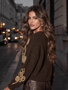 Anewsta Women's Brown Rope Embroidery & Sequin Embellished Loose Comfortable Knit Top For Winter - Coffee Brown - View 2