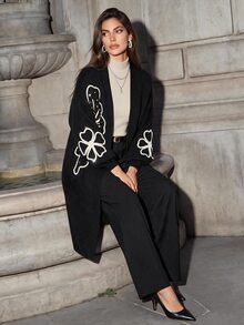 Anewsta Autumn/Winter Elegant Solid Color Knitted 3D Cable Flower Rhinestone Embellished Long Cardigan, Casual, Formal, Party - Black - View 1