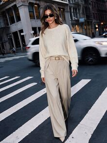 Anewsta Pearl Decor Crew Neck Knit Sweater, Raglan Long Sleeve Loose Pullover, Vintage Elegant Women Knit Top For Fall Winter Daily Outing - Apricot - View 3