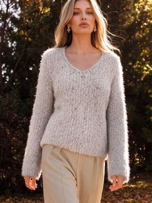 Anewsta Women's Long Sleeve V-Neck Rhinestone Elegant Casual Sweater - Iron Gray - View 4
