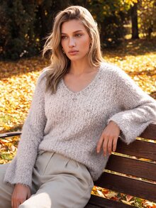 Anewsta Women's Long Sleeve V-Neck Rhinestone Elegant Casual Sweater - Iron Gray - View 3
