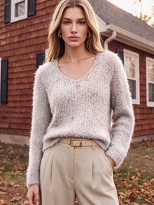 Anewsta Women's Long Sleeve V-Neck Rhinestone Elegant Casual Sweater - Iron Gray - View 6