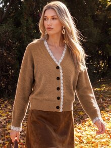 Anewsta Women's Winter White Lace Trim Brown Comfortable Knit Cardigan Sweater - Khaki - View 4