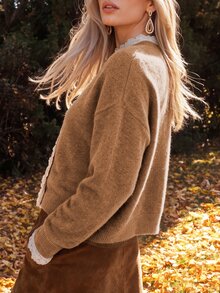 Anewsta Women's Winter White Lace Trim Brown Comfortable Knit Cardigan Sweater - Khaki - View 2