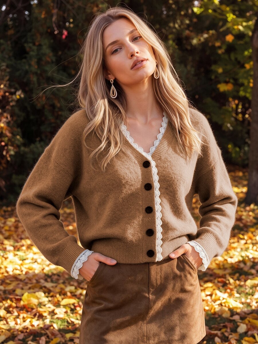 Anewsta Women's Winter White Lace Trim Brown Comfortable Knit Cardigan Sweater - Khaki - View 1