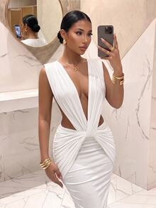 Slaydiva Women White Twist Knot Cutout Midi Dress Deep V Sleeveless Ruched Bodycon Evening Night Out Party Birthday Prom Cocktail Christmas Summer Sexy Elegant - White - View 4