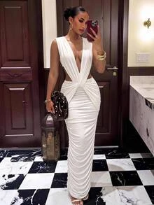 Slaydiva Women White Twist Knot Cutout Midi Dress Deep V Sleeveless Ruched Bodycon Evening Night Out Party Birthday Prom Cocktail Christmas Summer Sexy Elegant - White - View 6