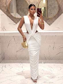 Slaydiva Women White Twist Knot Cutout Midi Dress Deep V Sleeveless Ruched Bodycon Evening Night Out Party Birthday Prom Cocktail Christmas Summer Sexy Elegant - White - View 7