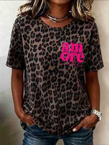 Linhara CURVE Women's Plus Size Leopard Print T-Shirt With Letter Print On Back - Multicolor - View 2