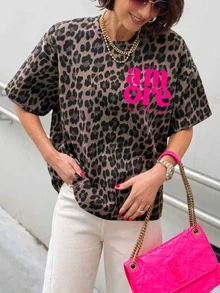 Linhara CURVE Women's Plus Size Leopard Print T-Shirt With Letter Print On Back - Multicolor - View 4