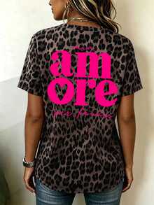 Linhara CURVE Women's Plus Size Leopard Print T-Shirt With Letter Print On Back - Multicolor - View 6