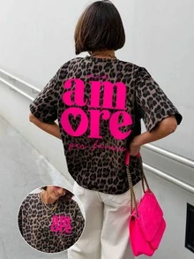 Linhara CURVE Women's Plus Size Leopard Print T-Shirt With Letter Print On Back - Multicolor - View 1