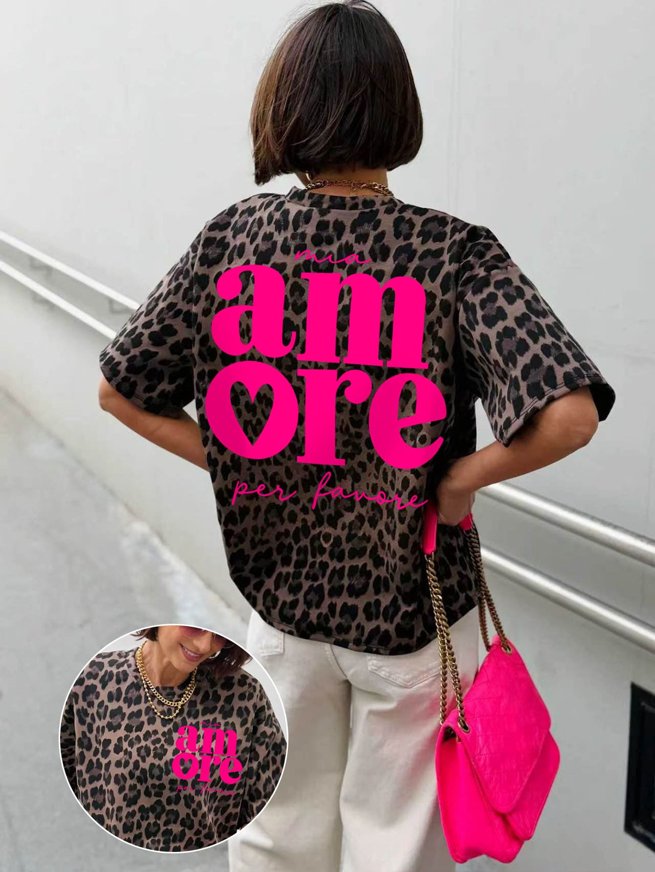Linhara CURVE Women's Plus Size Leopard Print T-Shirt With Letter Print On Back - Multicolor - View 1
