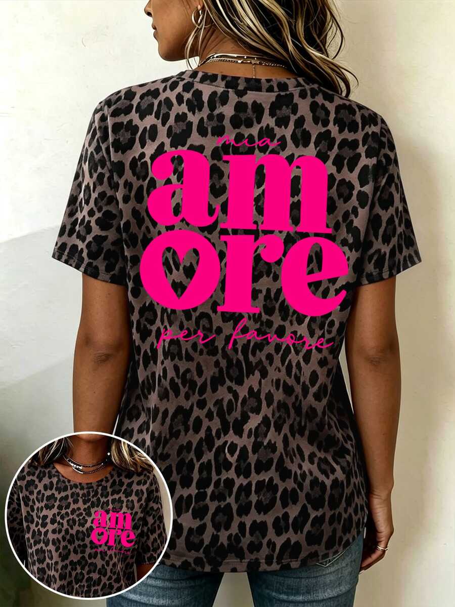 Linhara CURVE Women's Plus Size Leopard Print T-Shirt With Letter Print On Back - Multicolor - View 1