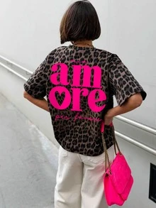 Linhara CURVE Women's Plus Size Leopard Print T-Shirt With Letter Print On Back - Multicolor - View 3