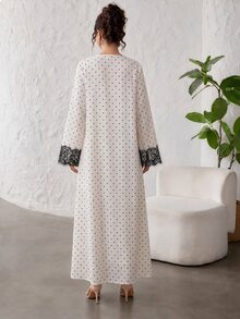 Yasveil 白色圓點蕾絲飾邊長袖甜美優雅約會通勤日常穿著阿巴亞長袍 - 白色 - 查看 3