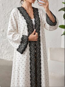 Yasveil 白色圓點蕾絲飾邊長袖甜美優雅約會通勤日常穿著阿巴亞長袍 - 白色 - 查看 6