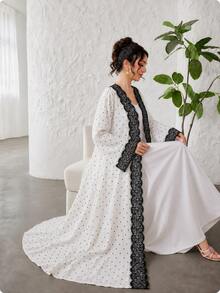 Yasveil 白色圓點蕾絲飾邊長袖甜美優雅約會通勤日常穿著阿巴亞長袍 - 白色 - 查看 5