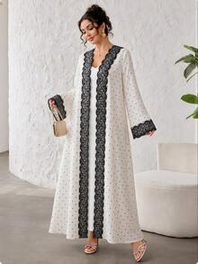 Yasveil 白色圓點蕾絲飾邊長袖甜美優雅約會通勤日常穿著阿巴亞長袍 - 白色 - 查看 7
