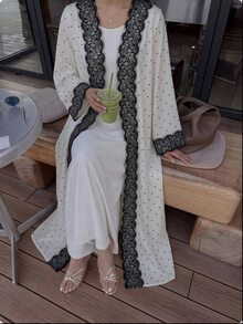 Yasveil 白色圓點蕾絲飾邊長袖甜美優雅約會通勤日常穿著阿巴亞長袍 - 白色 - 查看 4