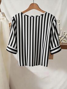 SHEIN Rosurelle Casual Multicolor Striped V Neck Half Sleeve Blouse For Women Stylish Drop Shoulder Button Front Shirt - Multicolor - View 2