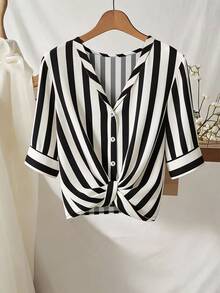 SHEIN Rosurelle Casual Multicolor Striped V Neck Half Sleeve Blouse For Women Stylish Drop Shoulder Button Front Shirt - Multicolor - View 3