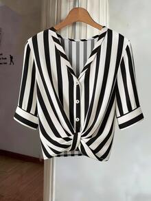 SHEIN Rosurelle Casual Multicolor Striped V Neck Half Sleeve Blouse For Women Stylish Drop Shoulder Button Front Shirt - Multicolor - View 4