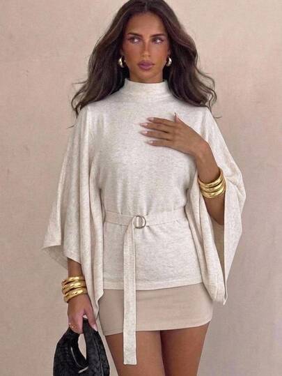Aloruh Women's Elegant Solid Color Bell Sleeve Sweater, Autumn/Winter, New Fall Styles, Cozy, Smart Casual Brunch White