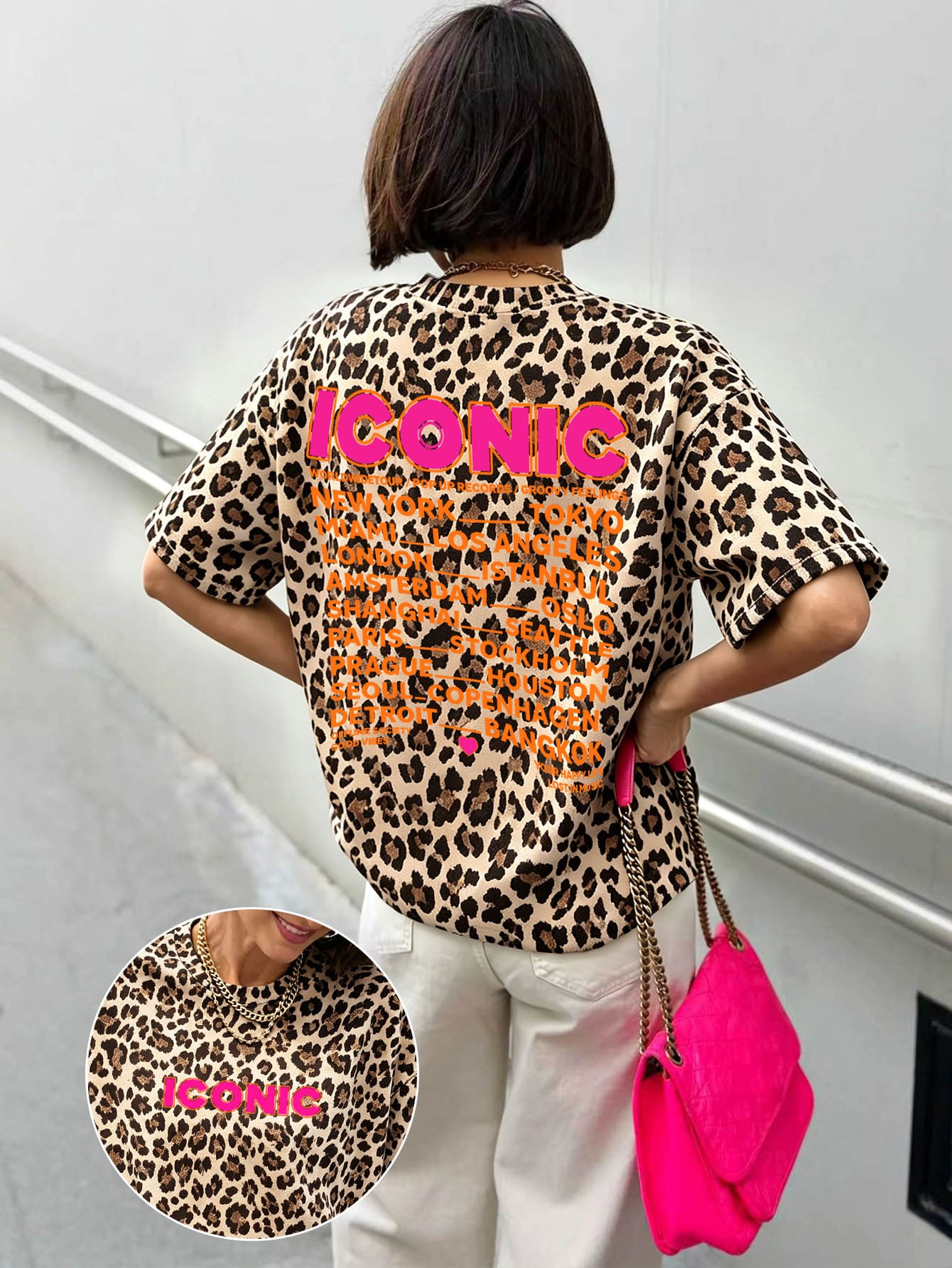 EMERY ROSE Plus Size Women's Letter & Leopard Print Round Neck Short Sleeve Casual T-Shirt - Multicolor - View 1