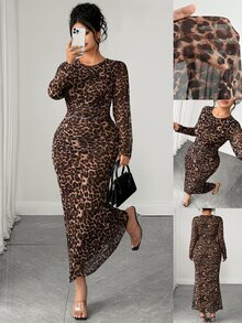 Elenzga French Vintage Elegant Fashion Party Leopard Print Mesh Cinched Waist Dress Fall - Brown - View 7