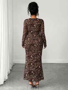Elenzga French Vintage Elegant Fashion Party Leopard Print Mesh Cinched Waist Dress Fall - Brown - View 2