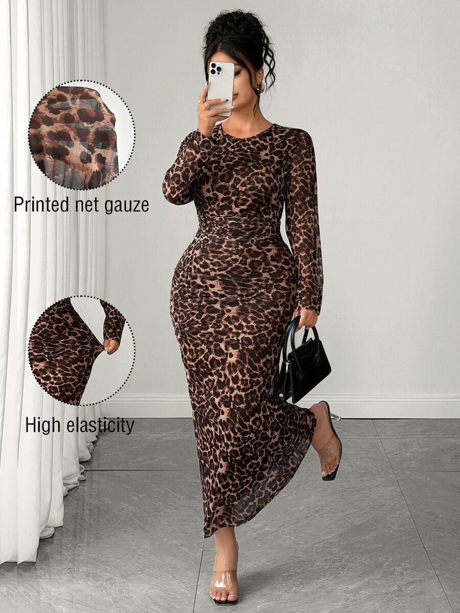 Elenzga French Vintage Elegant Fashion Party Leopard Print Mesh Cinched Waist Dress Fall - Brown - View 1