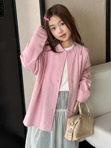 DAZY Tween Girl Solid Color Collared Casual Loose Fit Shirt Fall - Pink - View 4