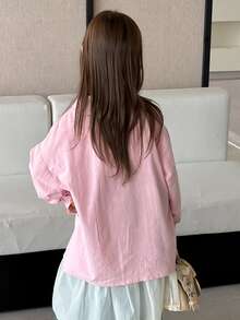 DAZY Tween Girl Solid Color Collared Casual Loose Fit Shirt Fall - Pink - View 2