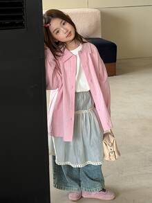 DAZY Tween Girl Solid Color Collared Casual Loose Fit Shirt Fall - Pink - View 5