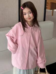 DAZY Tween Girl Solid Color Collared Casual Loose Fit Shirt Fall - Pink - View 1