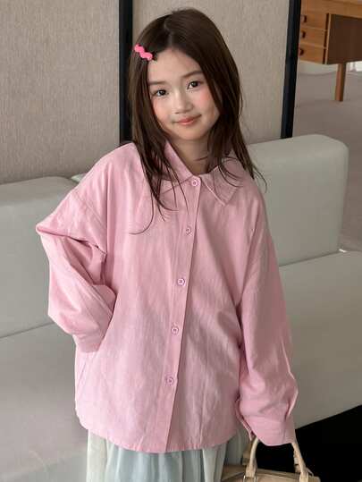 DAZY Tween Girl Solid Color Collared Casual Loose Fit Shirt