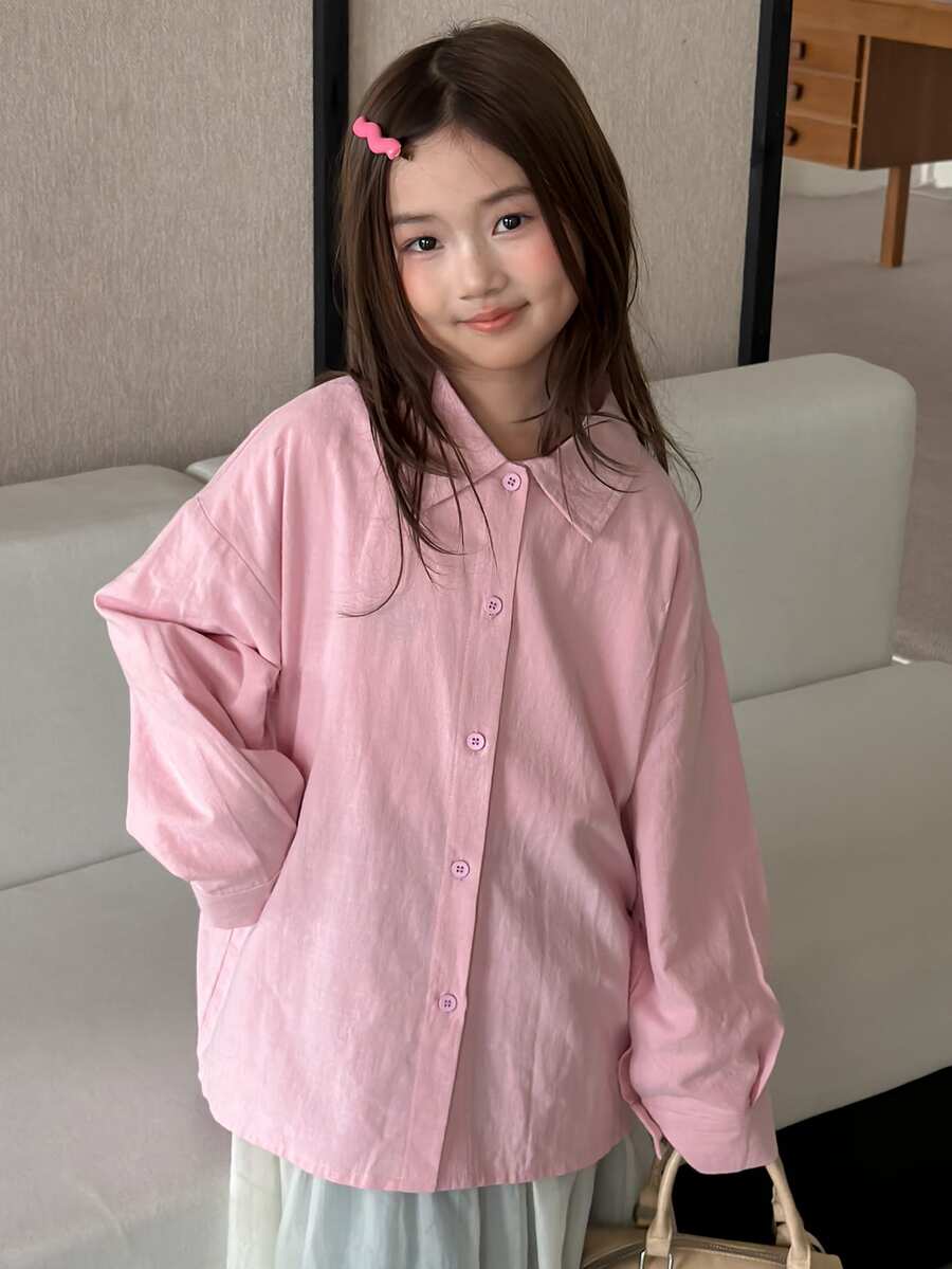 DAZY Tween Girl Solid Color Collared Casual Loose Fit Shirt Fall - Pink - View 1