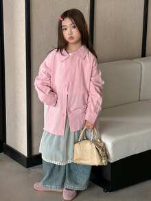 DAZY Tween Girl Solid Color Collared Casual Loose Fit Shirt Fall - Pink - View 3