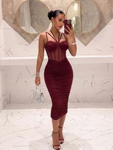 Slaydiva Women Burgundy Mesh Corset Midi Dress Halter Multi Strap Front Ruched Sheer Bodycon Sexy Club Party Calf Dress Birthday Cocktail Party Bodycon Dress - Burgundy - View 3